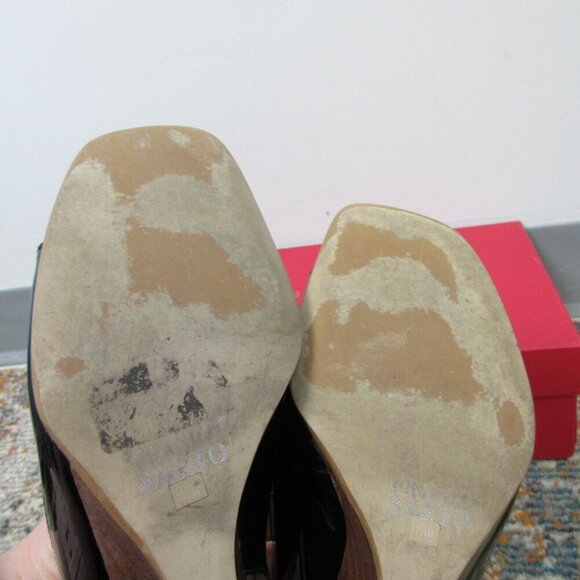 Franco Sarto Square-Toe Wood Heel Sandals Women 7.5 Black Patent Leather y2k 332 - Picture 9 of 12